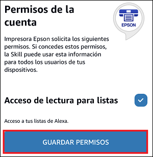 ventana de permisos de Alexa Skills con el botón GUARDAR PERMISOS seleccionado