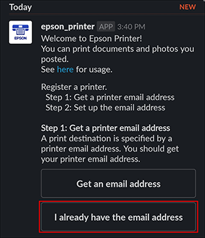 ventana negra de slack printing de epson printer con el botón I already have the email address seleccionado