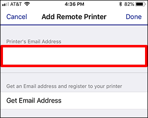 Add Remote Printer window with empty Printer Email Address field selected