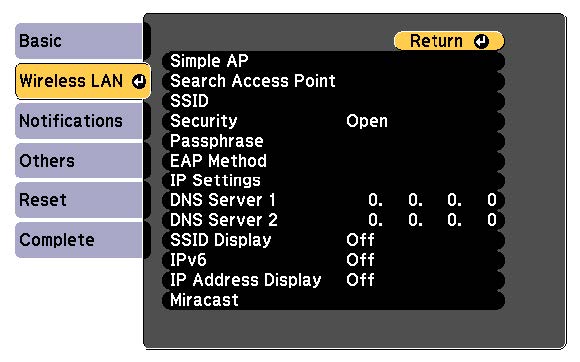 Projector wireless settings menu with the 'Wireless LAN' section selected. Options on the right include: Simple AP, Search Access Point, SSID, Security (Open), Passphrase, EAP Method, IP Settings, DNS Server 1 (0.0.0.0), DNS Server 2 (0.0.0.0), SSID Display (Off), IPv6 (Off), IP Address Display (Off), and Miracast. Navigation buttons on the left include Basic, Wireless LAN, Notifications, Others, Reset, and Complete.