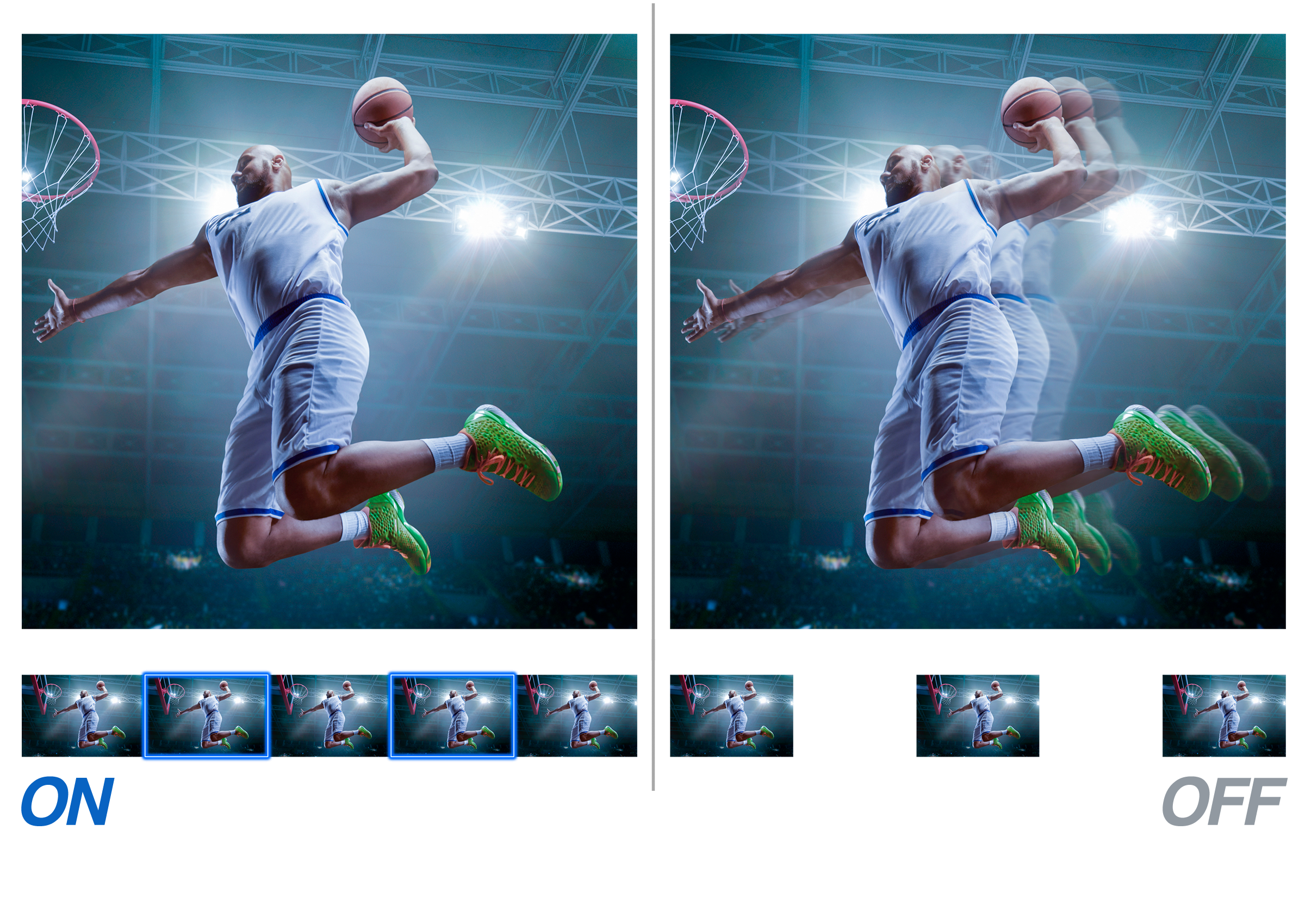Projection of a basketball player dunking the ball, demonstrating the result of advanced digital picture processing. Images simulated.