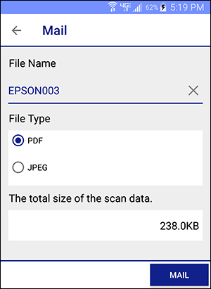 mail window showing file name, file type, file size, and mail button