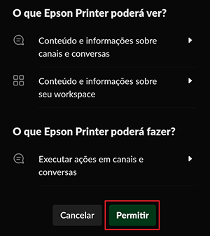 Janela escura do slack com o bot&atilde;o permitir selecionado