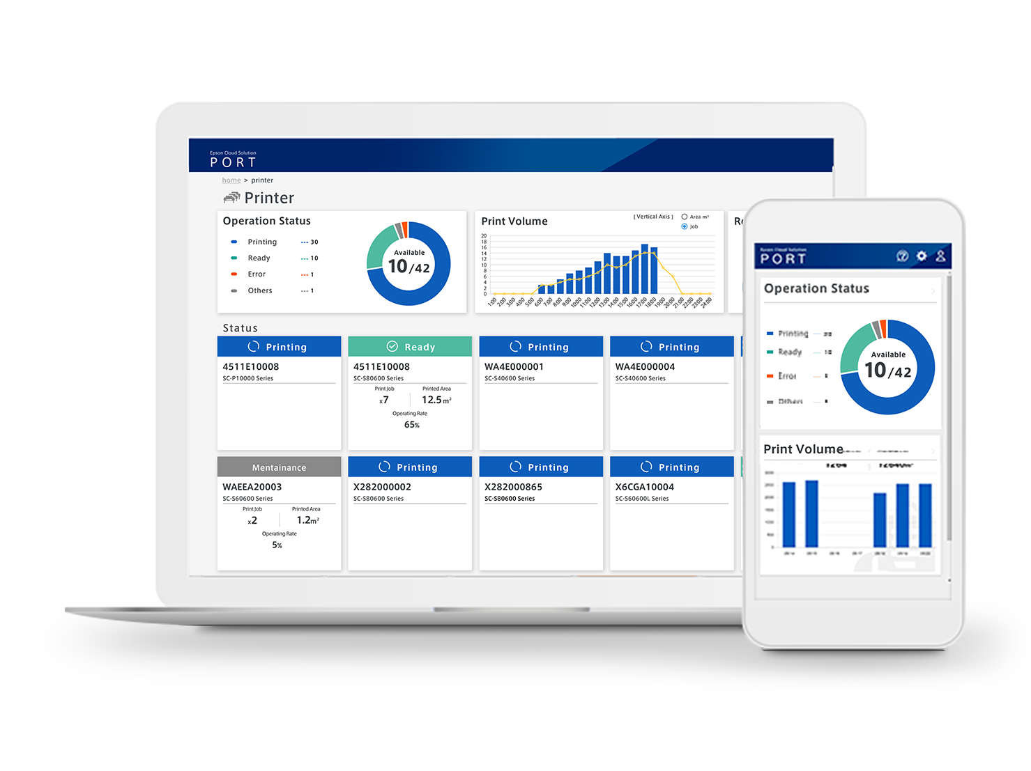 Epson Cloud Solution Port software shown on desktop and mobile devices