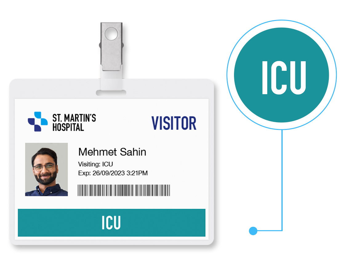 Hospital ICU visitor badge printed in full color.
