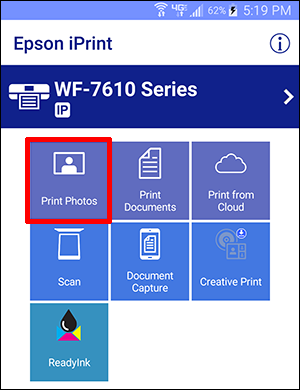 epson iprint menu with print photos button selected