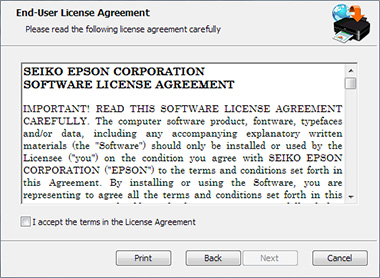 Epson end-user license agreement window