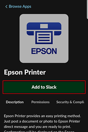 black slack printing window with epson icon and add to slack button selected
