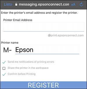 ventana de registro de slack printing con campo printer email address en blanco