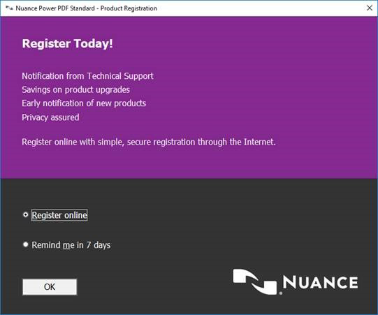 Nuance Power PDF Registration window