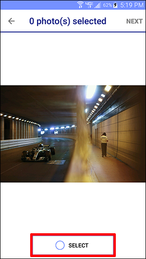 image of formula one racecar and pedestrian in tunnel with select button selected
