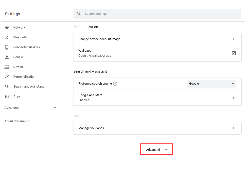 The settings section of the Chromebook OS with the “Advanced” section highlighted.