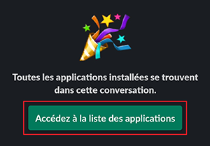fen&ecirc;tre d&rsquo;impression slack noire avec t&ecirc;te de robot et bouton de la liste des applications visit&eacute;es s&eacute;lectionn&eacute;