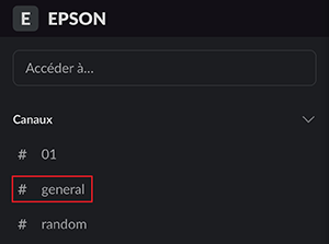 Fen&ecirc;tre de s&eacute;lection de canal d&rsquo;impression Slack pour iOS avec #general s&eacute;lectionn&eacute;
