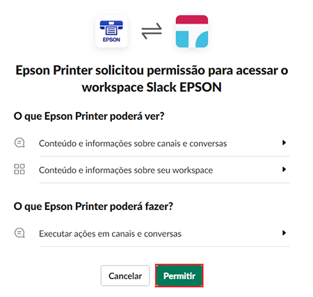 Janela de permissão de acesso com o botão permitir selecionado