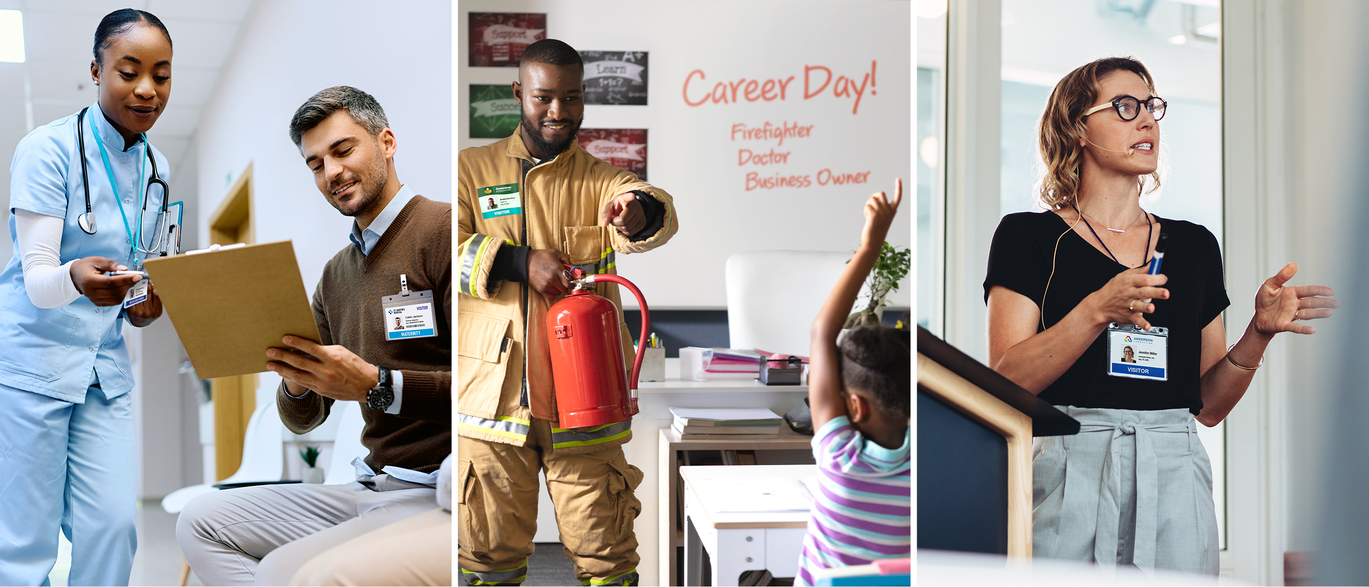 A man wearing a visitor badge checking into a hospital. A firefighter wearing a visitor badge presenting at a school career day. A corporate event speaker on stage wearing a visitor badge.