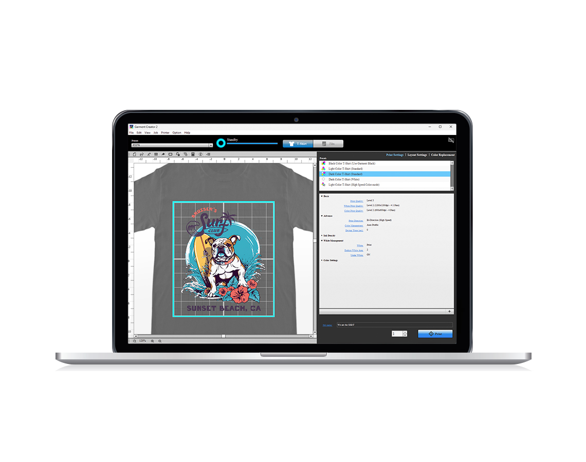 Epson Garment Creator 2 software displayed on laptop screen