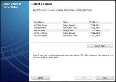 Epson Connect Printer Setup window