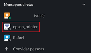 Janela escura do slack com a op&ccedil;&atilde;o epson_printer selecionada