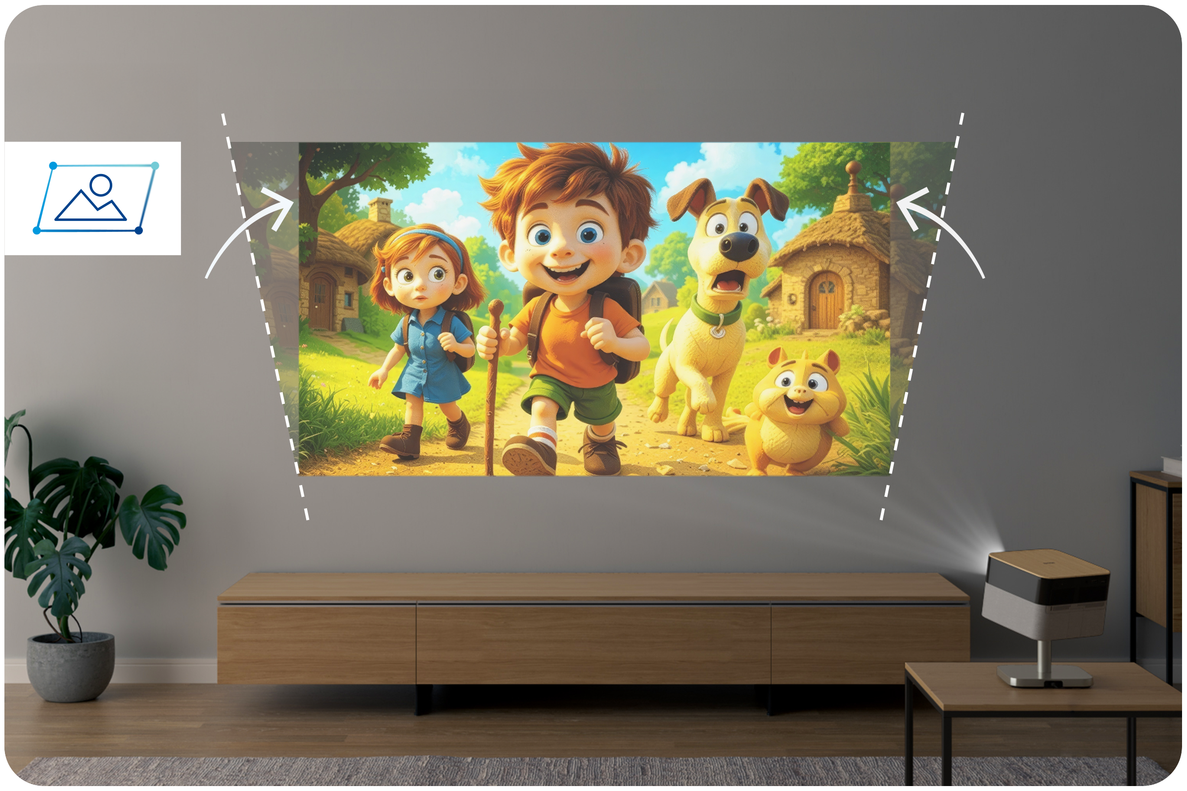 A kids movie projected on a living room wall, aligned with EpiqSense
