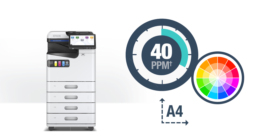 WorkForce Enterprise AM-C400 model prints color, supports up to A4 paper, and prints at 40ppm