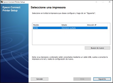 ventana de selección de impresora de Epson Connect Printer Setup