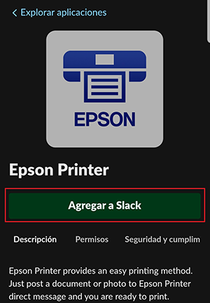ventana negra de slack printing con ícono de epson y botón agregar a slack seleccionado