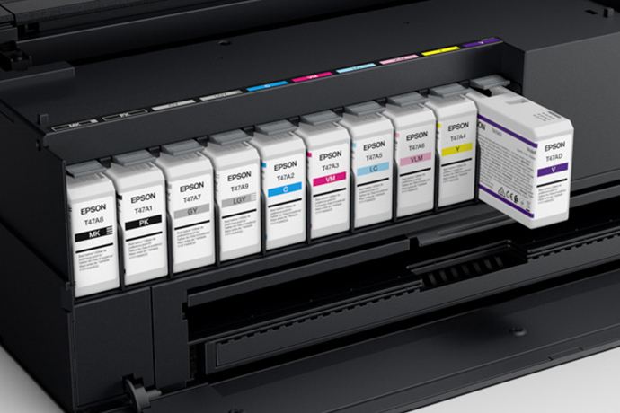 Ink Jet Printers - image of the ink cartridge tray of a SureColor P900 17-Inch Photo Printer