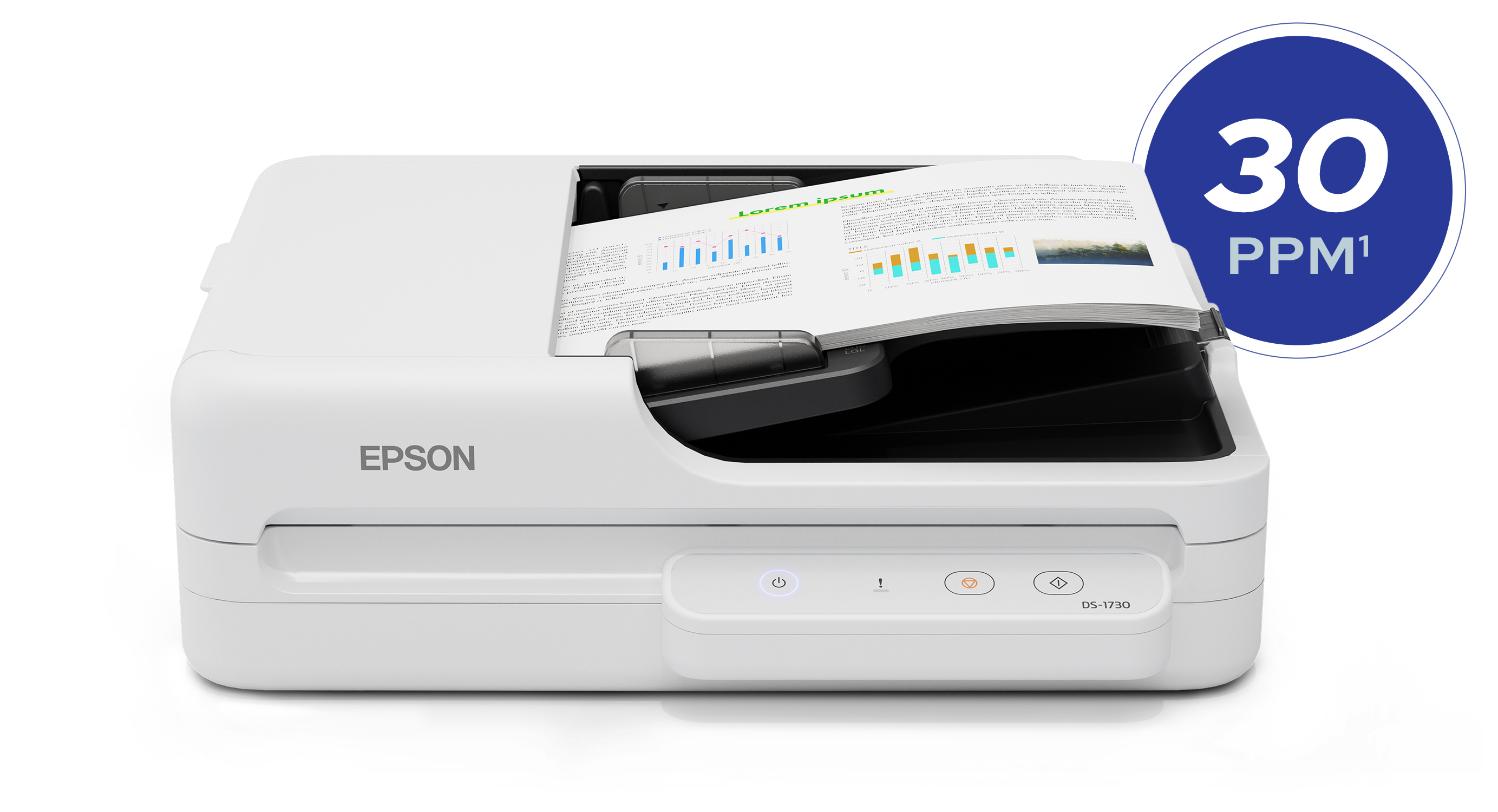 Epson DS-1730 with bubble above it that reads: 30 PPM
