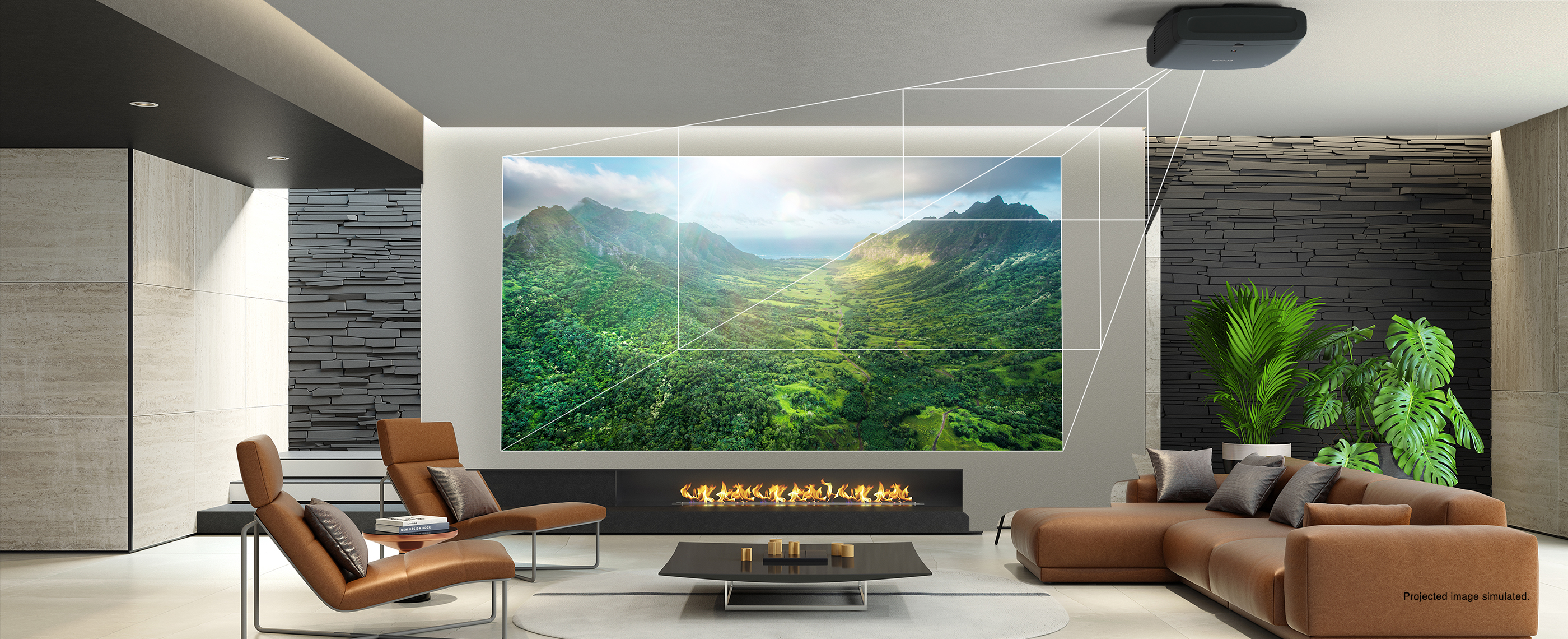 A projected display of green scenery in a well lit living space. Projected images simulated.
