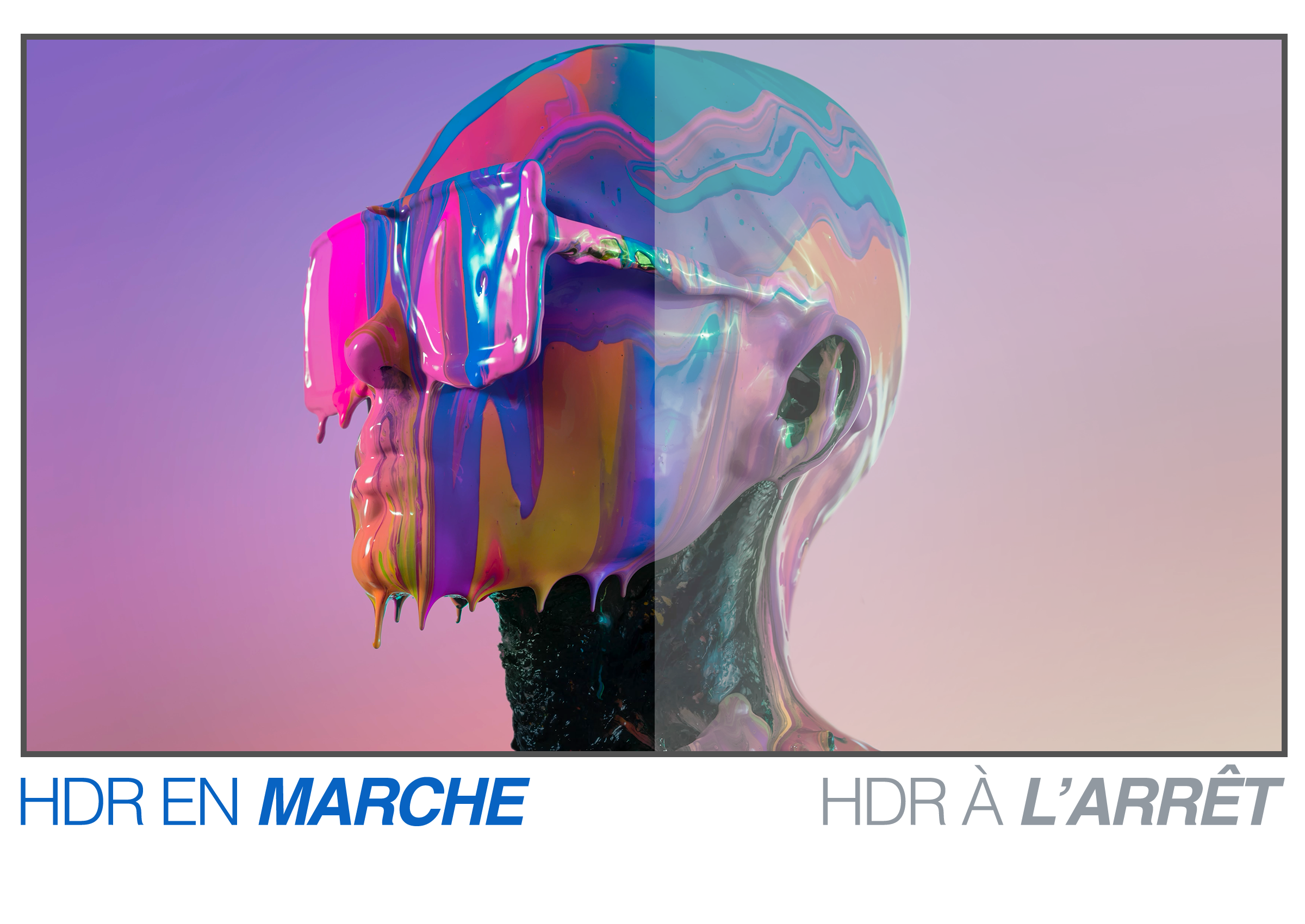 An artistic projection of a woman covered in paint, demonstrating the colour difference of HDR. Disclaimer: Images simulated.