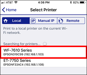 select printer window with wf-7610 series selected