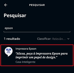 Janela de busca do Alexa Skills com o resultado da busca Impressora Epson selecionado