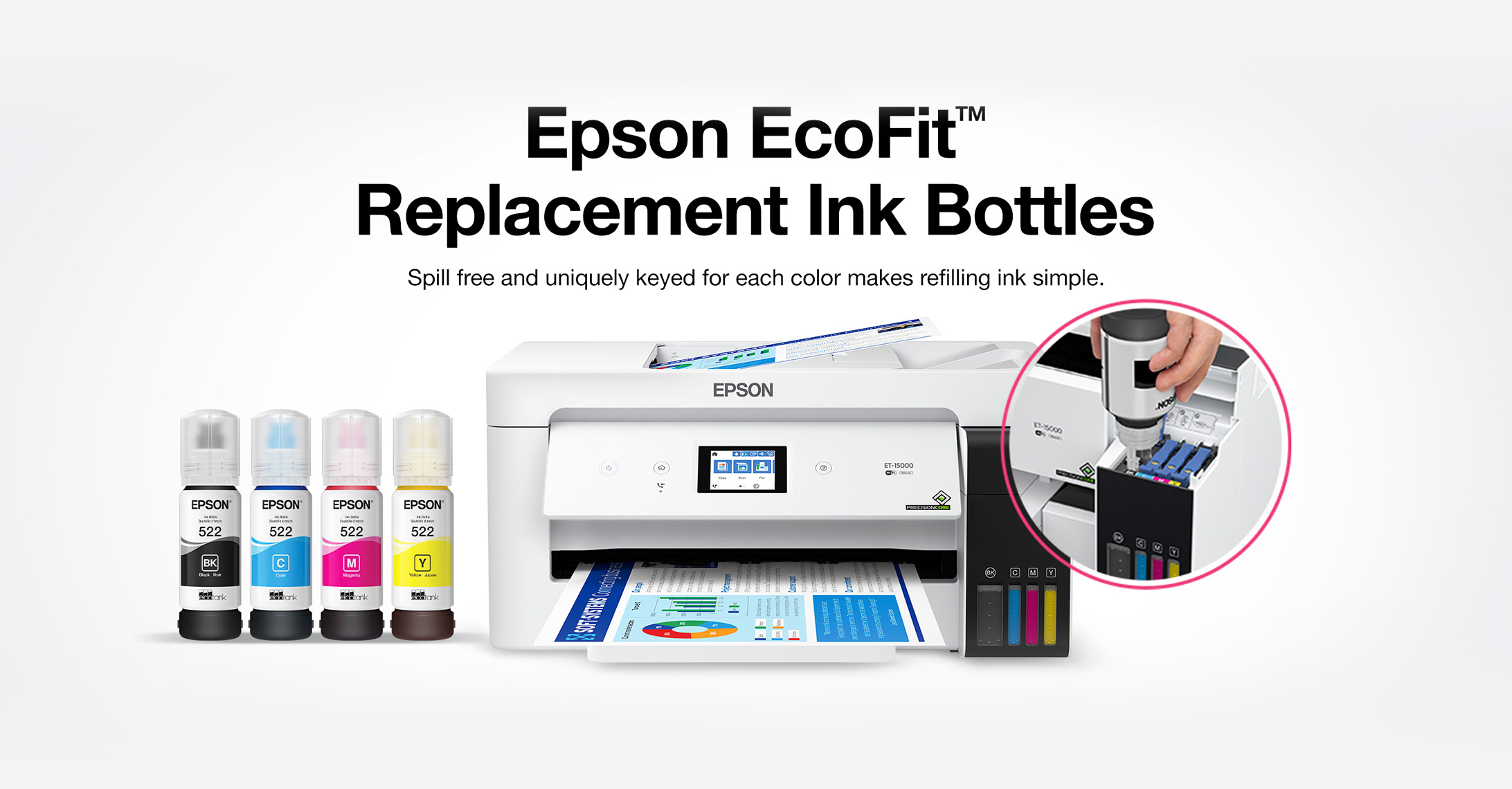 Epson EcoFit™ Replacement Ink Bottles | Spill free an uniquely keyed for each color makes refilling ink simple.